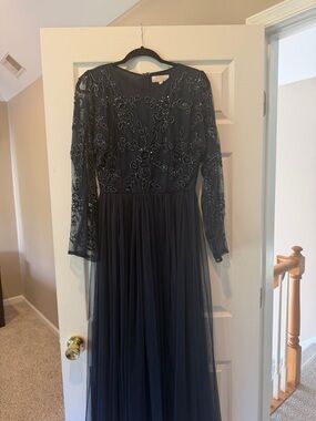 Boohoo Navy Beaded Long Sleeve Tulle Wedding Dress